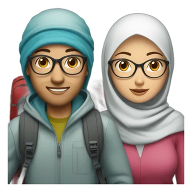 young white man with glasses and woman with hijab, both with backpack for holiday trip sticker
