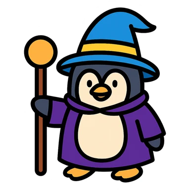 penguin wizard holding a staff, wearing a wizard hat, colored icon with black outlines sticker
