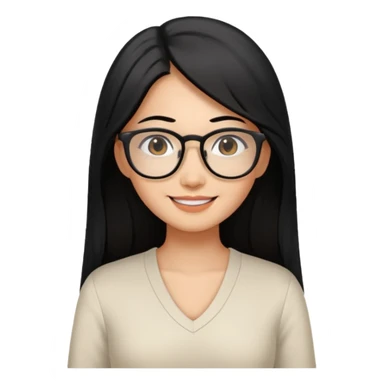 medium tan asian woman with long black hair past middle of back, round brown eyes, white v neck blouse. she has black thick frame rectangular glasses on and smilling sticker