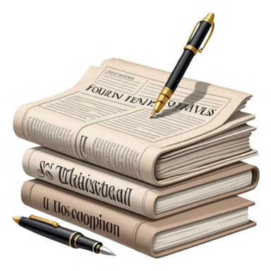 Create an emoji representing journalism and publicistic writing. The design should feature a stack of newspapers, an open notebook with visible text, and a single fountain pen placed near the notebook, symbolizing the act of writing. Use neutral, professional colors like black, white, and muted tones to convey a sense of seriousness and intellect. Do not include any emojis or smiley faces. Make the background transparent. sticker
