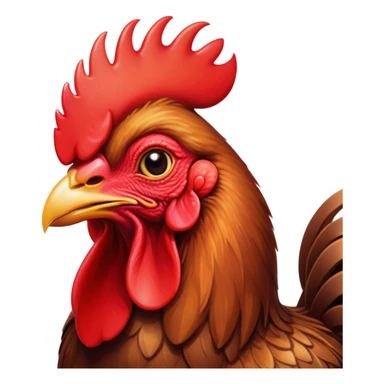 Cinematic Cute Brown Rooster Portrait Emoji, Head tilted playfully and inquisitively, featuring a glossy, immaculate brown plumage with a vibrant red comb, round, sparkling warm eyes filled with curiosity, Simplified yet irresistibly adorable features, highly detailed, glowing with a warm, friendly glow, high shine, affectionate and spirited, stylized with a touch of farmyard whimsy, bright and endearing, soft glowing outline, capturing the essence of a mischievous yet loving rooster, so playful it feels like it could strut out of the screen and into your arms! sticker