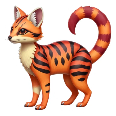 Rare realistic red burgundy sanguine orange black gradients lush tropical exotic cute epic pretty beautiful handsome gorgeous aesthetic colorful vibrant Vernid-Protogen-Primagen-Wickerbeast-Genet-Trico-species-Fakemon-hybrid-creature by LiLaiRa, beautiful intricate markings, full body sticker