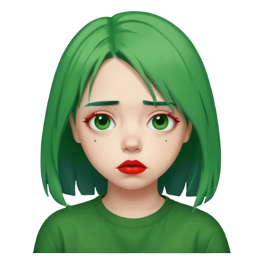 girl with green hair like Billie Eilish and red lipstick, sad expression sticker