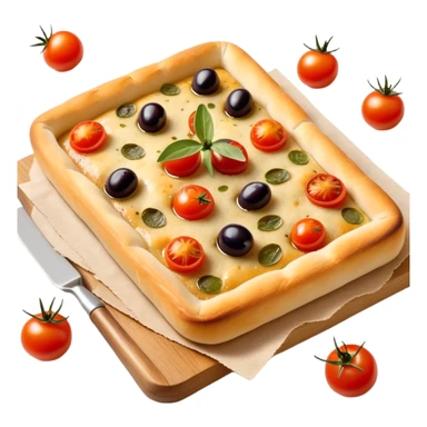 cinematic-realistic-focaccia-bread-dish-emoji,-depicted-as-a-golden,-olive-oil-brushed-flatbread-sprinkled-with-herbs-rendered-with-lifelike-texture-and-soft,-appetizing-lighting showing olives on top and the cherry tomatoes sticker