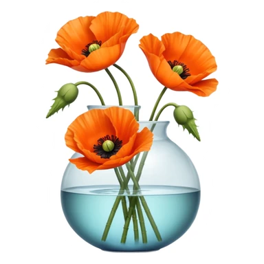 three big realistic orange poppy flowers in a clear vase with clear water sticker