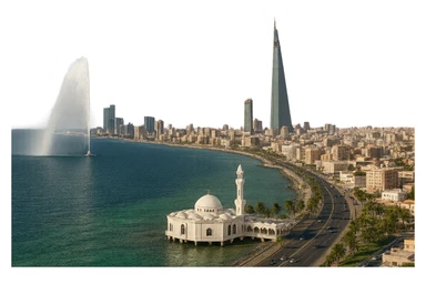 Remove any label text from the Jeddah emoji, keeping everything else exactly the same: wide city view with King Fahd Fountain, Jeddah Tower, Corniche Mosque, lifelike detail, accurate colors, bright daytime lighting, fully transparent background, no sky, no clouds. Do not change anything else. sticker