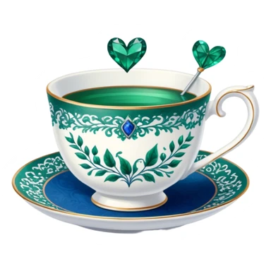 A delicate teacup with an intricate vintage emerald green floral design, set beside a love letter with deep blue ink. sticker