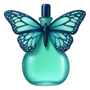  pastel green butterfly resting on an elegant blue perfume bottle with fork dark blue details. sticker