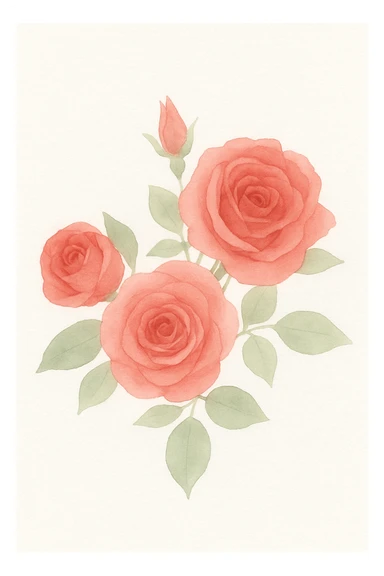 3D iOS watercolor style illustration of a bouquet of red roses with green leaves, delicate watercolor texture, soft glossy look, smooth shading, no background, square format. sticker