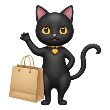A cute black cat standing on two legs, happily running while holding a shopping bag. Minimalist emoji style, clean vector look, soft colors, rounded shapes, and expressive face sticker