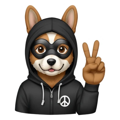 dog wearing a ski mask and a black hoodie with the peace sign  sticker