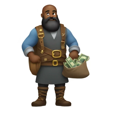 Viking black beard carrying overloaded bag with money sticker