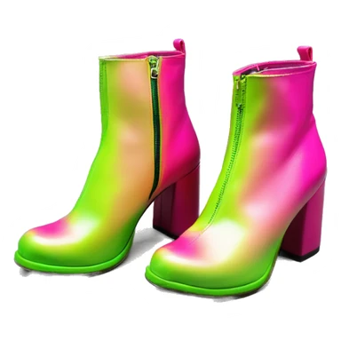 Realistic isolated top view of a pair of hot pink,and lime green ombre shiny vinyl Disco style zippered vintage chunky heel ankle bootie boots.  sticker