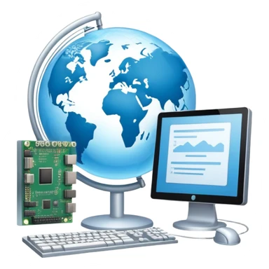 An icon featuring a computer monitor displaying code, a globe with network nodes, and a circuit board, symbolizing IT. The design includes data streams, cloud storage, and a keyboard, representing digital innovation, connectivity, and problem-solving. Transparent background sticker
