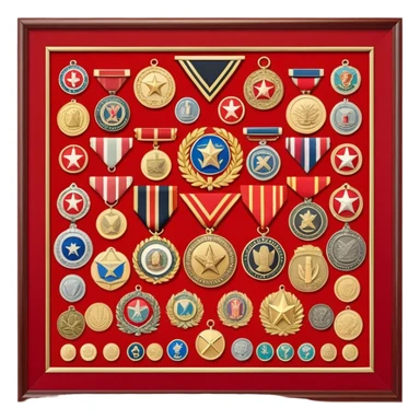 Icon for Collecting Orders, Medals & Badges: a variety of vintage orders, medals and badges, displayed neatly on a big red pennant or in a display case. The icon should reflect the honor and historical significance of these collectible items. Transparent background. sticker