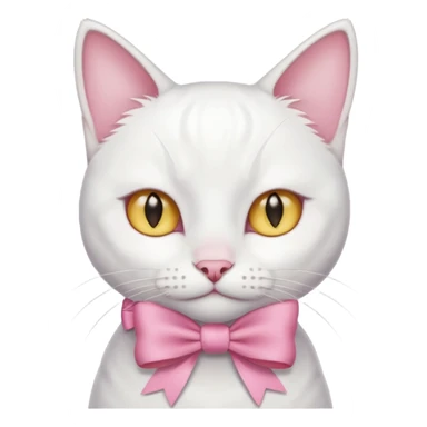 white cat sitting and she has a pink small bow on her right ear,she has golden eyes,she's fully white,even her ears,the only color is the pink small bow on her right ear,the cat is small sticker