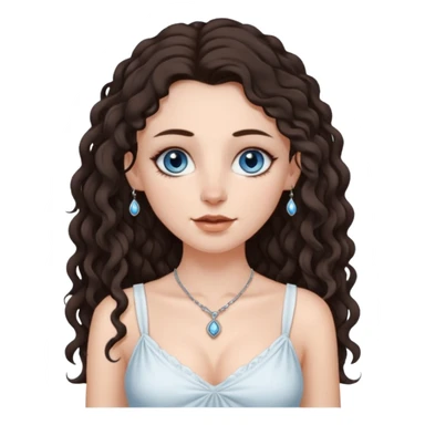 white girl, dark brown long slightly curly hair , skinni but with big breast , septum piercing on nose, beautiful dark gray-blue eyes, in white dress sticker