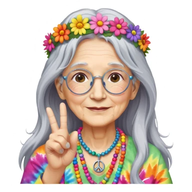 Elderly woman with long gray hair, peace sign necklace, colorful tie-dye clothing, round glasses, flower crown, hippie grandma sticker