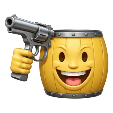 Yellow laughing face pointing gun at its own mount. The barrel of the gun is pointed towards the smile into the mouth. The back of the gun faces the viewer sticker