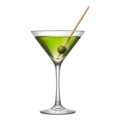 martini glass with absolutely clear water-like liquid, no color tint whatsoever, completely transparent, with a single green olive at the bottom on a wooden toothpick sticker