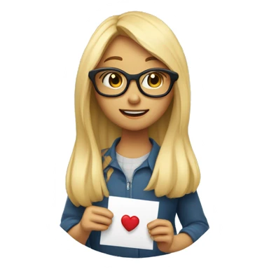 A blond girl with long hair and with glasses holding a heart enveloppe in her hand and pulling a letter that says ‘im sorry tony’ sticker