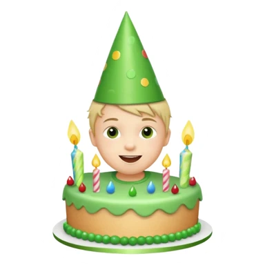 child celebrating birthday, green party hat, green decorations on a small cake, joyful expression sticker