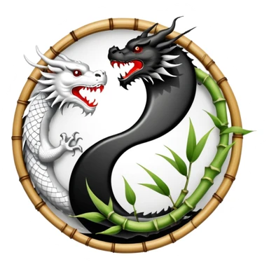 An icon symbolizing Eastern martial arts in the style of an emblem, with a black-and-white Yin-Yang symbol at the center. A dragon is placed on either side, representing strength and wisdom. The design includes bamboo and traditional elements. Transparent background sticker