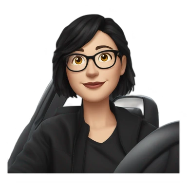 middle-age-lean-white-girl,no-facial-hair,-with-black-hair-&-glasses-wearing-black-Tesla-T-shirt,-inside-black-tesla-model-3, at the wheel, front view sticker