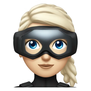 white girl, blue eyes, buzzcut hair, all black ninja outfit, drone goggles on top of head not covering eyes sticker