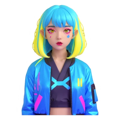 Cyberpunk Japanese girl with neon blue wig, holographic jacket, digital glitches effect, dark background with purple neon glow sticker