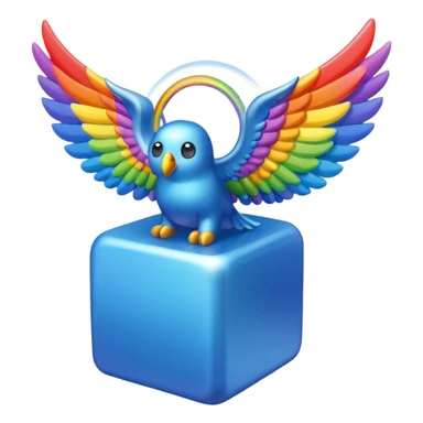 Blue cube with wings and has a rainbow ? sticker
