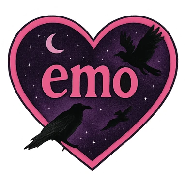 emo heart with night sky and dark ravens, remove background, pink sticker