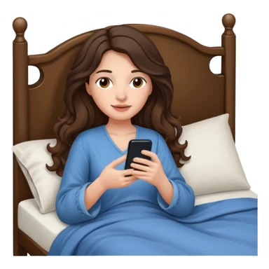 Brunette woman long wavy hair in bed with one hand holding her phone and the other hand under the covers sticker