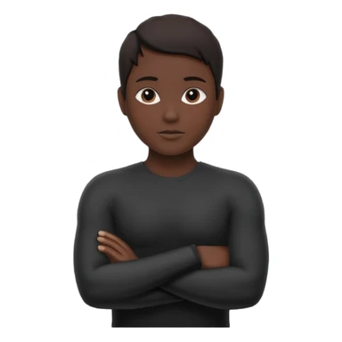Minimalist human silhouette, upper body only, arms crossed, no facial features, solid dark shape, flat icon style, centered, transparent background sticker