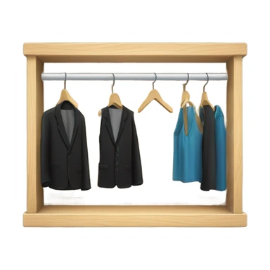 Design an emoji-style icon of an open wardrobe with clothes hanging inside. Include details like a wooden frame, hangers, and black clothing items such as shirts or any other clothing . Use a clean and minimalistic design. sticker