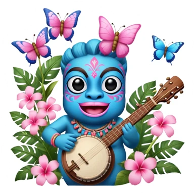 Pixar style little Blue and pink tiki singing with a butterfly, banjo, and tropical flowers, ultra detailed and lifelike imagery, realistic sticker