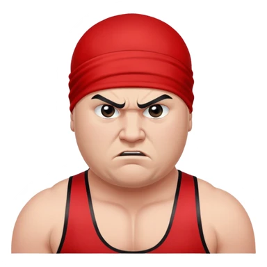 Close-up of white skin fat guy no muscle with prominent black durag, completely shaved face, no beard or mustache, black eyes in a red and black wrestling singlet with angry face sticker