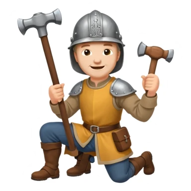 a happy medieval white man with a helmet kneeling and knocking with a hammer sticker