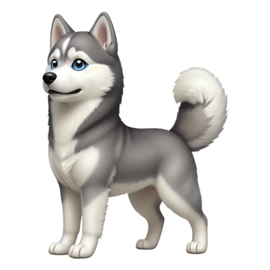 cinematic-[siberian husky]-realistic-full-body-standing-emoji,-tail-resting-loosely-beside-its-paws,-head-tilted-dramatically, -fluffy-[grey and white]-fur,-simplified-yet-realistic-focused-features,-highly-detailed,-glowing-with-an-almost-sarcastic-glow sticker