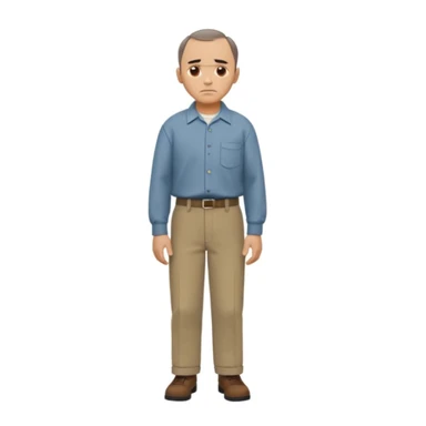 Carl from Sling Blade, serious expression, recognizable features, neutral background, full body, chin sticking out, slouching posture, no glasses, shirt with collar,  side view, the 4th image is good. show his entire body, he is standing. we see him from the side. Not frontal view. Side view sticker