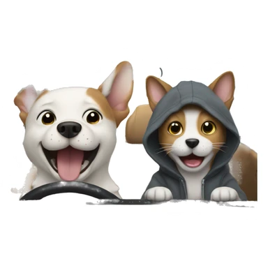 Dog wearing a hoodie laughing at a cat in a car sticker