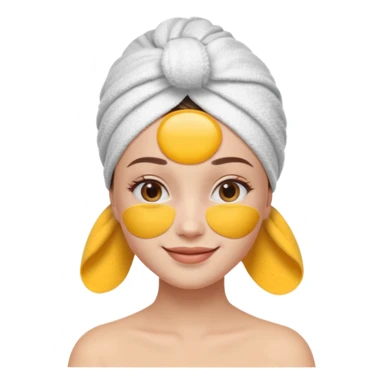 3D emoji style woman with towel head wrap, under-eye patches, smiling softly, clean girl skincare aesthetic, soft studio lighting, smooth skin texture, minimalist beige background, high resolution, PNG sticker