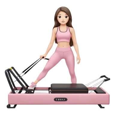 pretty white brunette teen long hair with hazel eyes and a small waist in light pink workout clothes on a pilates reformer sticker