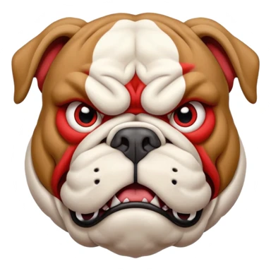 Create a fierce bulldog head emoji facing forward.
Strong jaw, deep wrinkles, and an intense scowl.
Small folded ears, sharp focused eyes, slight underbite with two visible fangs.
Style: modern esport mascot — clean lines, high contrast, intimidating but iconic.
Transparent background. sticker