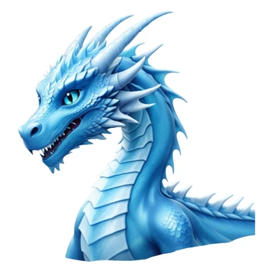 Cinematic Noble very elegant slender Ice Dragon Portrait Emoji, Poised and imposing, distinct long elegant snout, with a slender, scaled body shimmering in glacial hues of icy blue, frostbitten silver, and crystalline white, breathing out frost, with piercing, glowing ice blue white eyes that radiate the chilling depths of an arctic storm; rendered in detail. excuding wisdom sticker