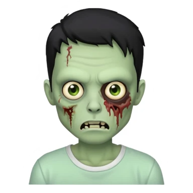 Rosto de frente classico de zombie boca meio torta cabelos pretos no corte low fade com pele verde clara camiseta branca sticker