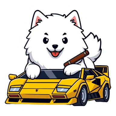 Fluffy samoyed dog driving a Lamborghini countach smoking a cigar sticker