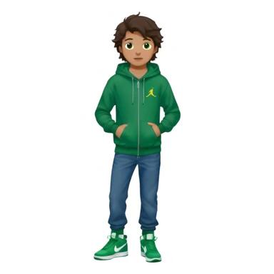 a 14 year old slightly tanned teenage boy with dark brown tousled wavy hair, dark brown eyes wearing a green tshirt, a dark green hoodie, blue jeans and green nike air jordans sticker