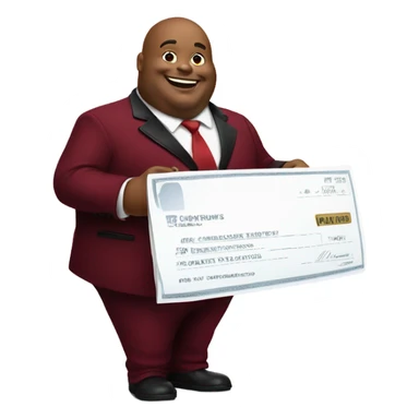 fat guy in dark red velvet suit holding cheque sticker