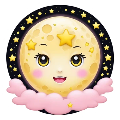 Full Moon and surrounded by stars light pink and yellow kawaii with black wide eyes sticker